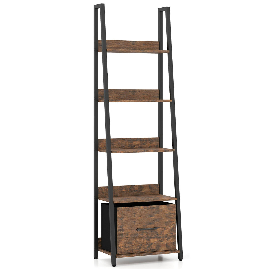5-Tier Ladder Bookshelf with Fabric Drawer