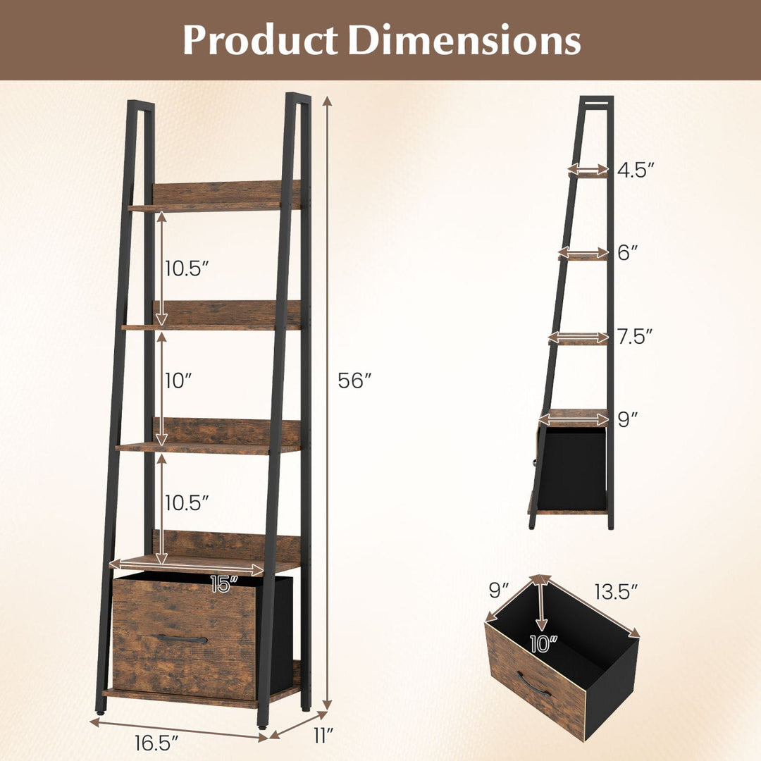 5-Tier Ladder Bookshelf with Fabric Drawer