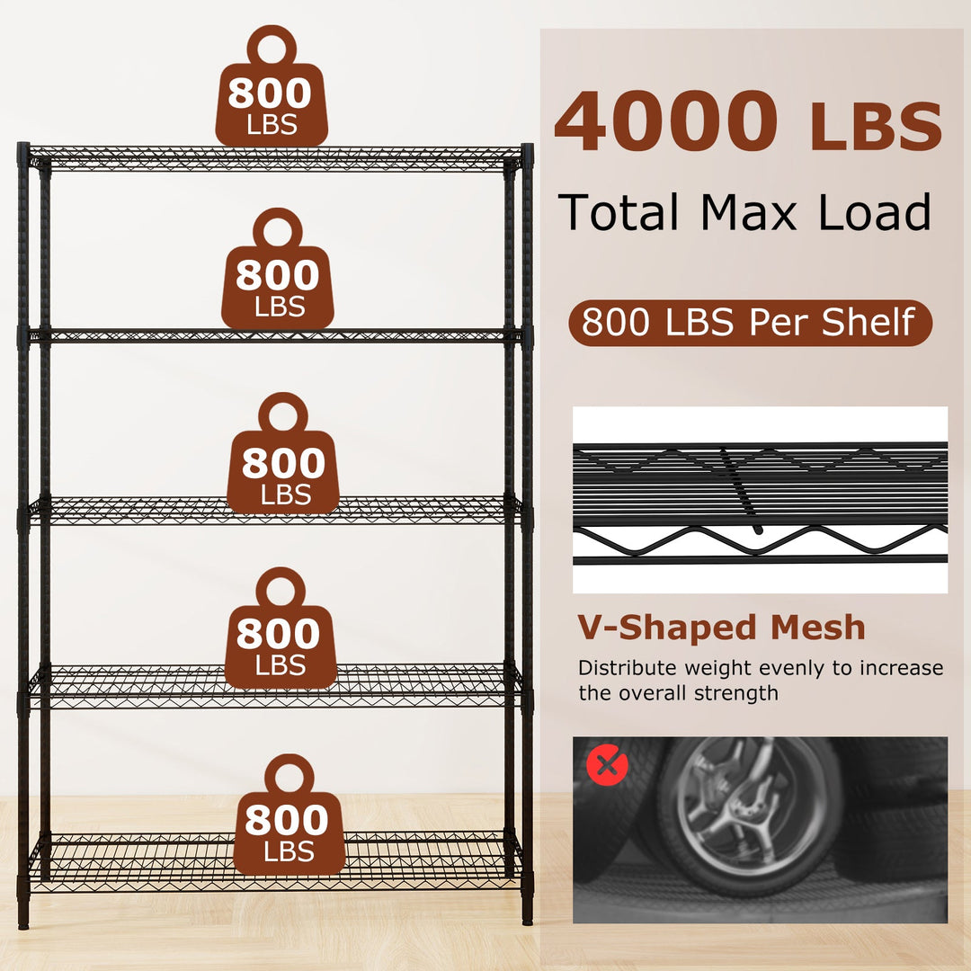 5-Tier Metal Storage Shelving Unit with V-Shaped Wire Rack-Black