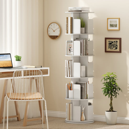 5-Tier Rotating Bookshelf 360¬∞ Display Rack with Dividers and Anti-falling Baffles