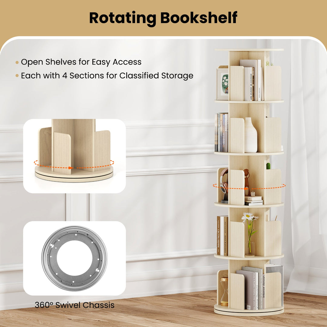 5-Tier Rotating Bookshelf 360¬∞ Display Rack with Dividers and Anti-falling Baffles