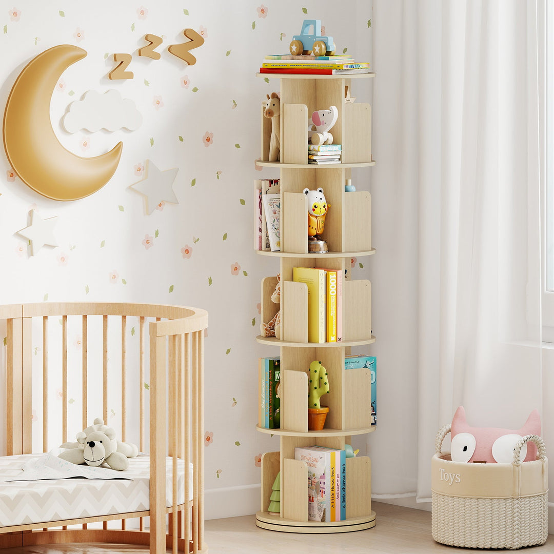 5-Tier Rotating Bookshelf 360¬∞ Display Rack with Dividers and Anti-falling Baffles