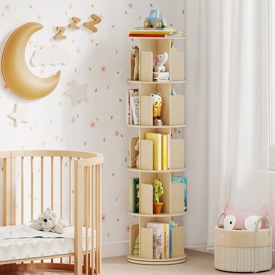 5-Tier Rotating Bookshelf 360¬∞ Display Rack with Dividers and Anti-falling Baffles
