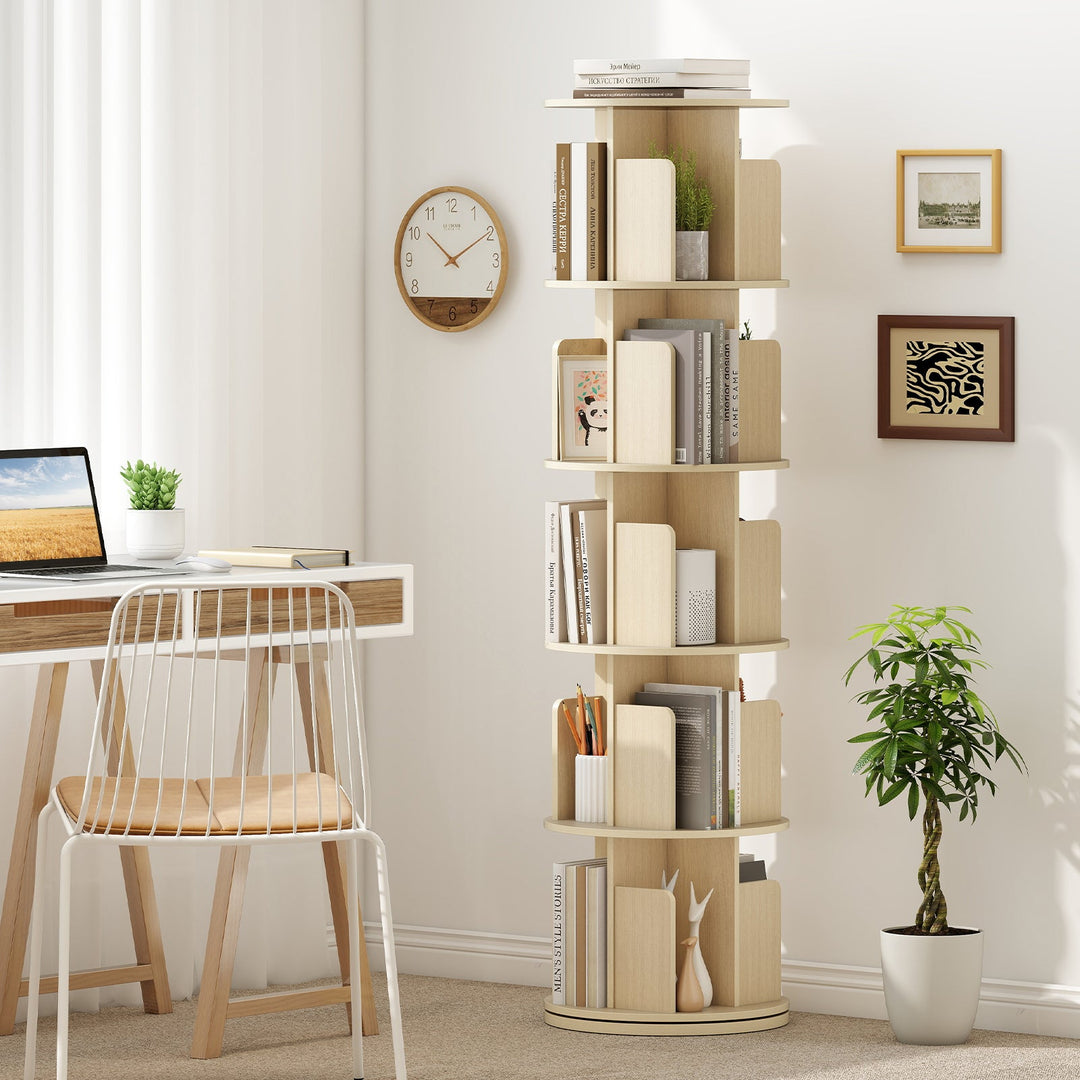 5-Tier Rotating Bookshelf 360¬∞ Display Rack with Dividers and Anti-falling Baffles