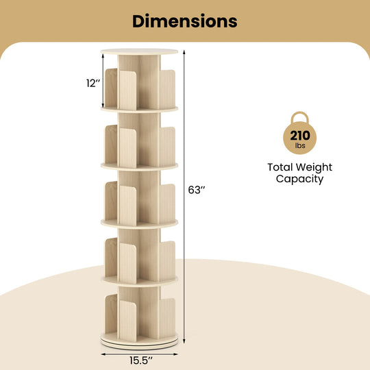 5-Tier Rotating Bookshelf 360¬∞ Display Rack with Dividers and Anti-falling Baffles