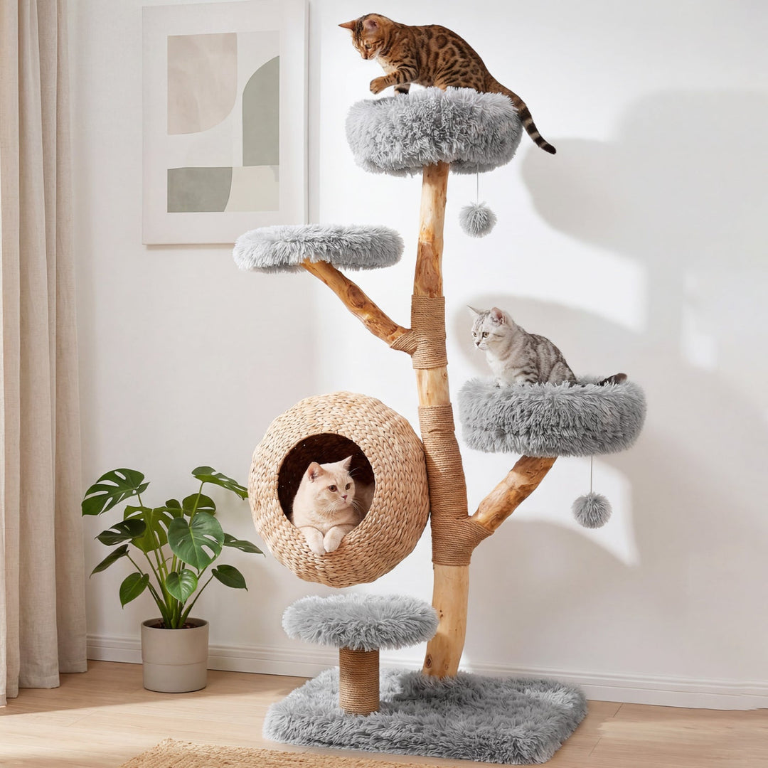 5-Tier Wooden Cat Tree with Woven Condo Plush Perches Jute Posts & Balls