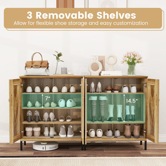 5-Tier Wooden Farmhouse Shoe Cabinet with Woven Rattan Doors