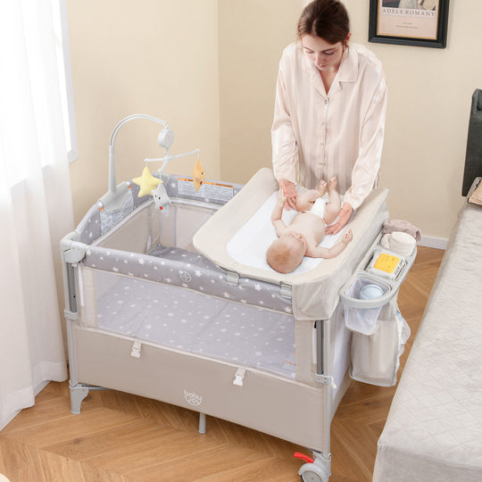 5-in-1  Portable Baby Beside Sleeper Bassinet Crib Playard with Diaper Changer-Beige