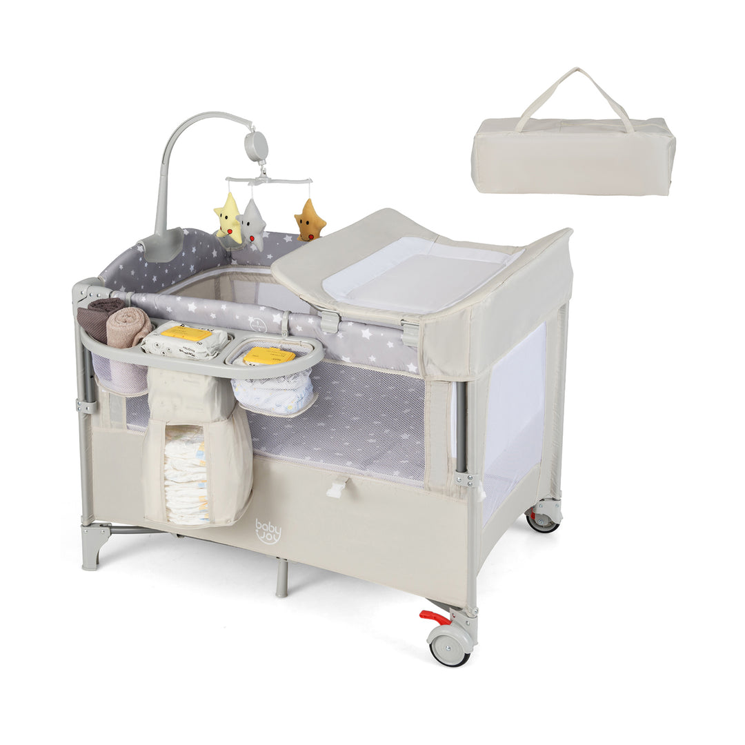 5-in-1  Portable Baby Beside Sleeper Bassinet Crib Playard with Diaper Changer-Beige