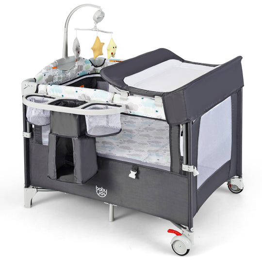 5-in-1 Portable Baby Beside Sleeper Bassinet Crib Playard with Diaper Changer-Gray