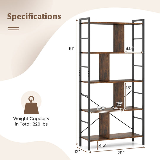 5-tier Bookcase 61 Inch Tall Industrial Bookshelf with Metal Frame