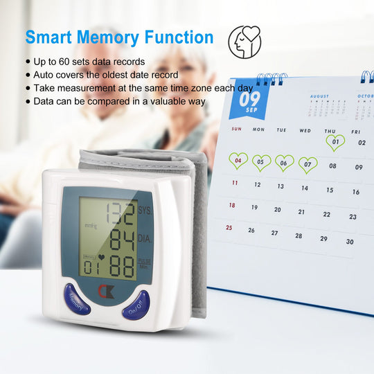Blood Pressure Monitor Wrist Digital High Blood Pressure Cuff Heartbeat Tester w/ 60 Reading Memory 1.8 Inches LCD Screen Storage Box