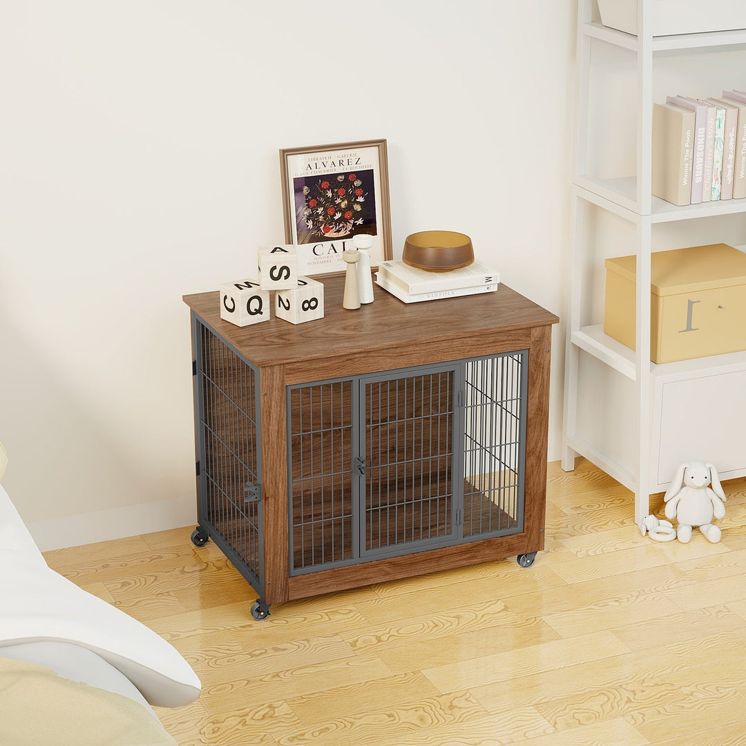 Dog Crate Furniture with Lockable Wheels & Dual Doors