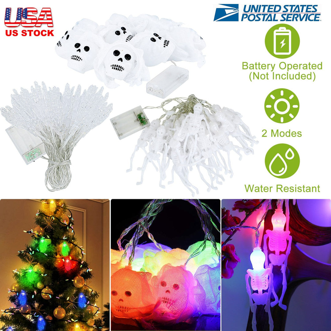 3Pcs Halloween Light Decorations Total 50 LEDs 24ft Halloween String Lights Colorful 3D Skeleton Ghost String Lights Gauze Skull String Lights Spooky