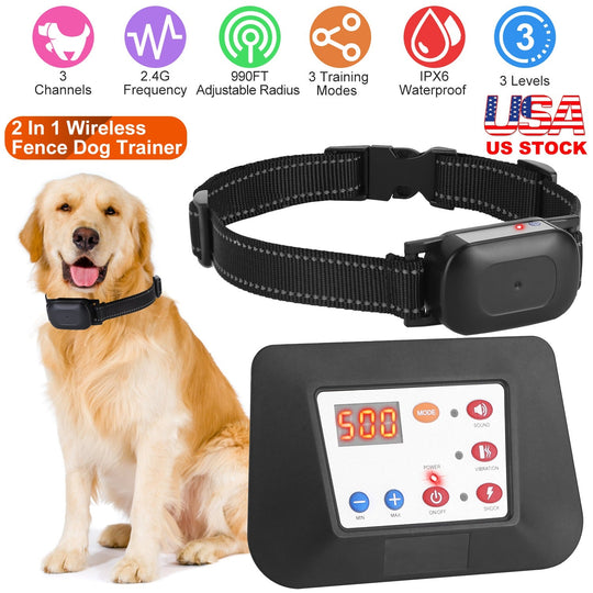 990FT Radius Dog Training Collar Wireless Fence IPX6 Waterproof Pet Beep Vibration Electric Shock Fence System 3 Channels Rechargeable Transmitter Rec