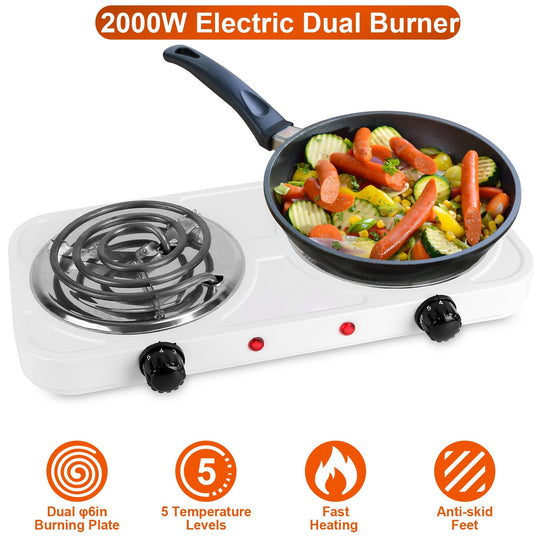 2000W Electric Double Burner Portable Coil Heating Hot Plate Stove Countertop RV Hotplate with Non Slip Rubber Feet 5 Temperature Adjustments