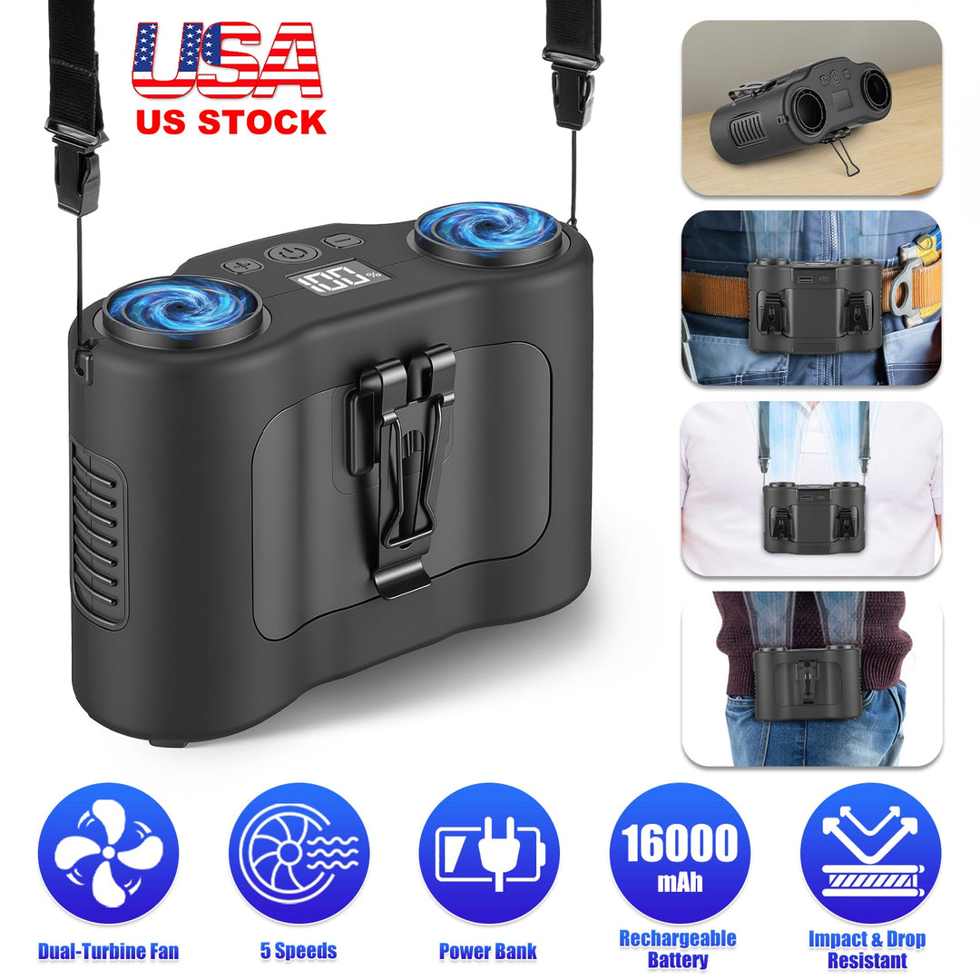 Wearable Waist Fan with 16000mAh Power Bank & Dual Turbines