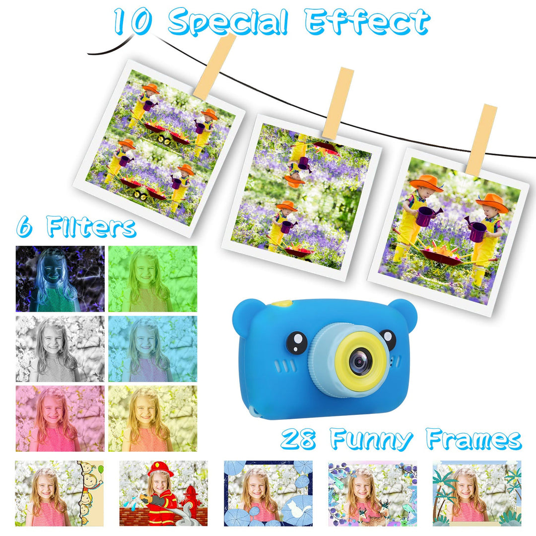 Kids Digital Camera Child Video Camera Children Camcorder Christmas Toy Birthday Gifts with 2.0in Screen 4X Digital Zoom 5 Games 32G MMC Card for 3-10