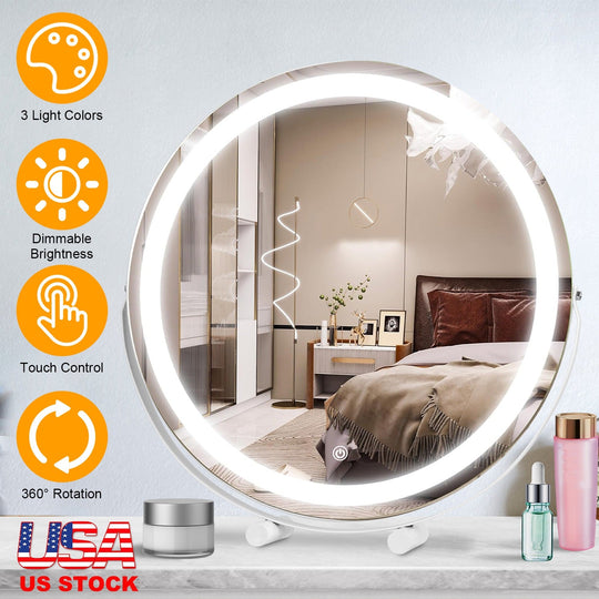 19Inch Large Round Vanity Makeup Mirror With LED Halo Light 3 Lighting Colors Dimmable Brightness Touch Control 360¡ Rotation High-Definition Lighted