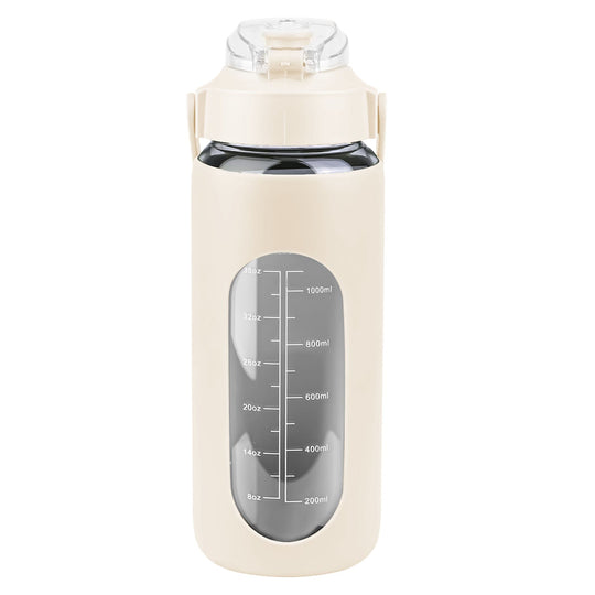 64Oz Glass Water Bottle Sports Water Bottle Motivational Water Bottle Water Intake Tracker Bottle with Straw Time Marker Silicone Sleeve Handle for Gy