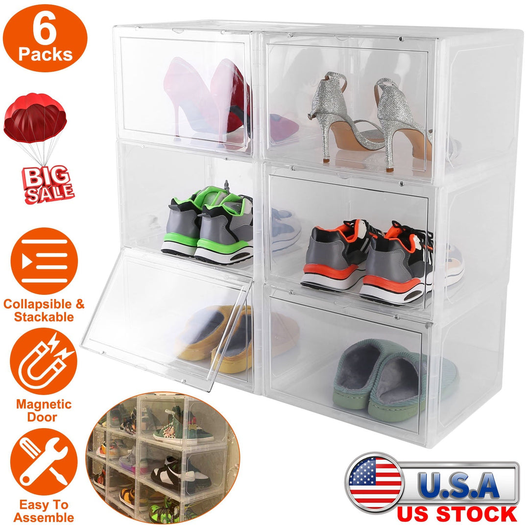 6Packs Collapsible Shoe Box Stackable Shoe Storage Bin Transparent Dustproof Hard PP Shoe Organizer Container with Magnetic Door