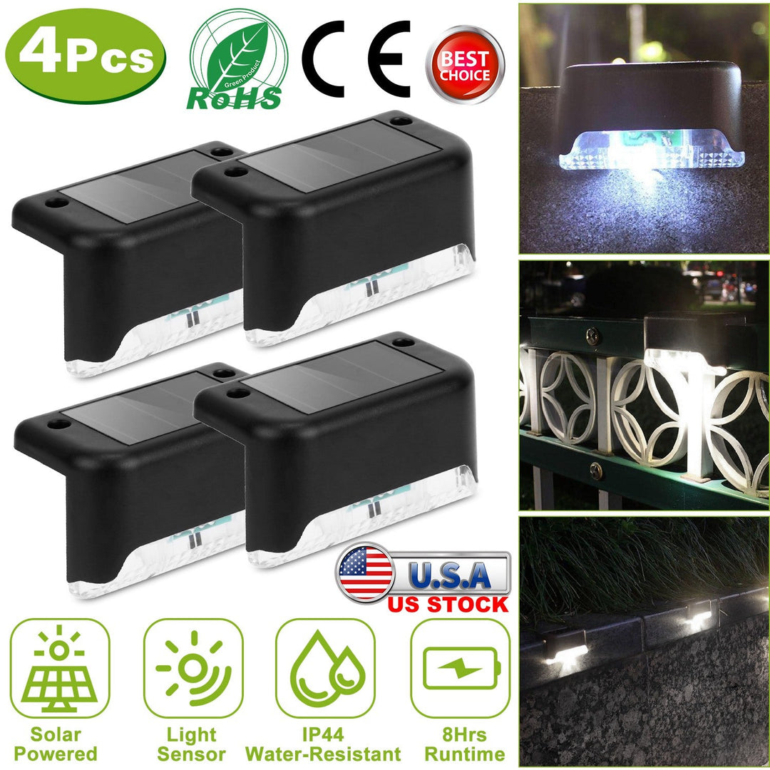 4Pcs Solar Powered LED Step Lights Outdoor Water-Resistant Dusk To Dawn Sensor Fence Lamps For Stairs Yard Railing
