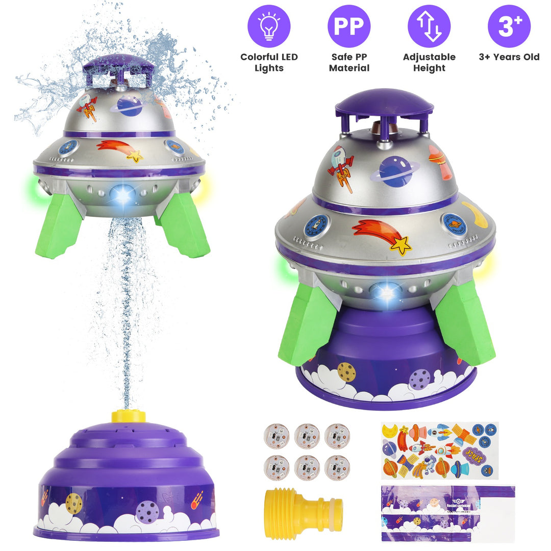 UFO Water Sprinkler Outdoor Summer Rocket Toy With Colorful LED Lights 360° Spinning 1.64FT To 6.56FT Adjustable Height Birthday Summer Gift For Girls