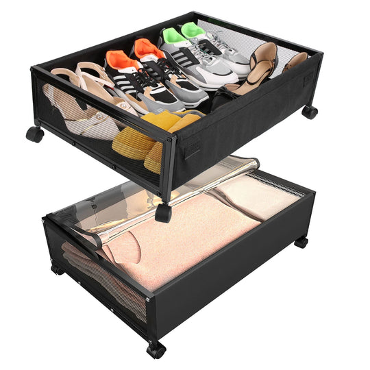 2Pcs Under Bed Storage Containers with 360¡ Rotatable Wheels Visible Dustproof Cover Under Bed Drawer with Clear Window Bedroom Storage Organizer