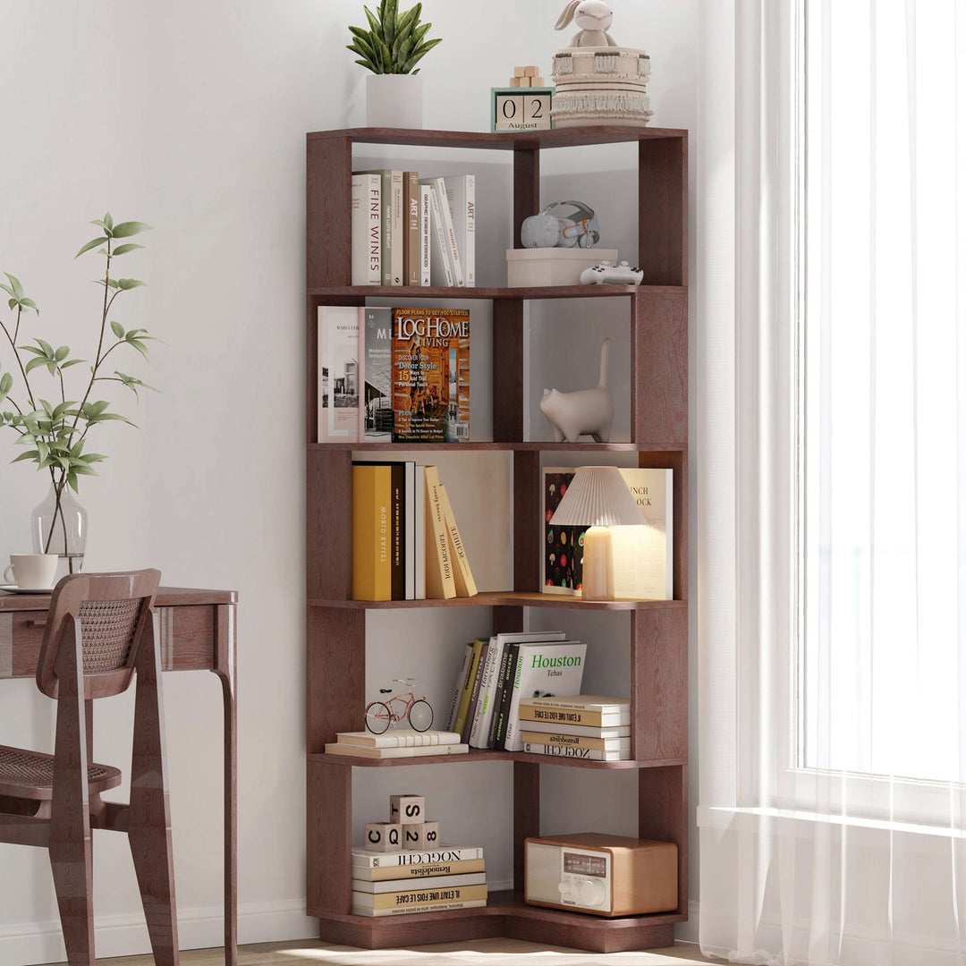 6 Tier Freestanding L-Shaped Corner Bookshelf For Living Room, Bedroom, Wooden Bookcase with anti-drop panle & anti tipp