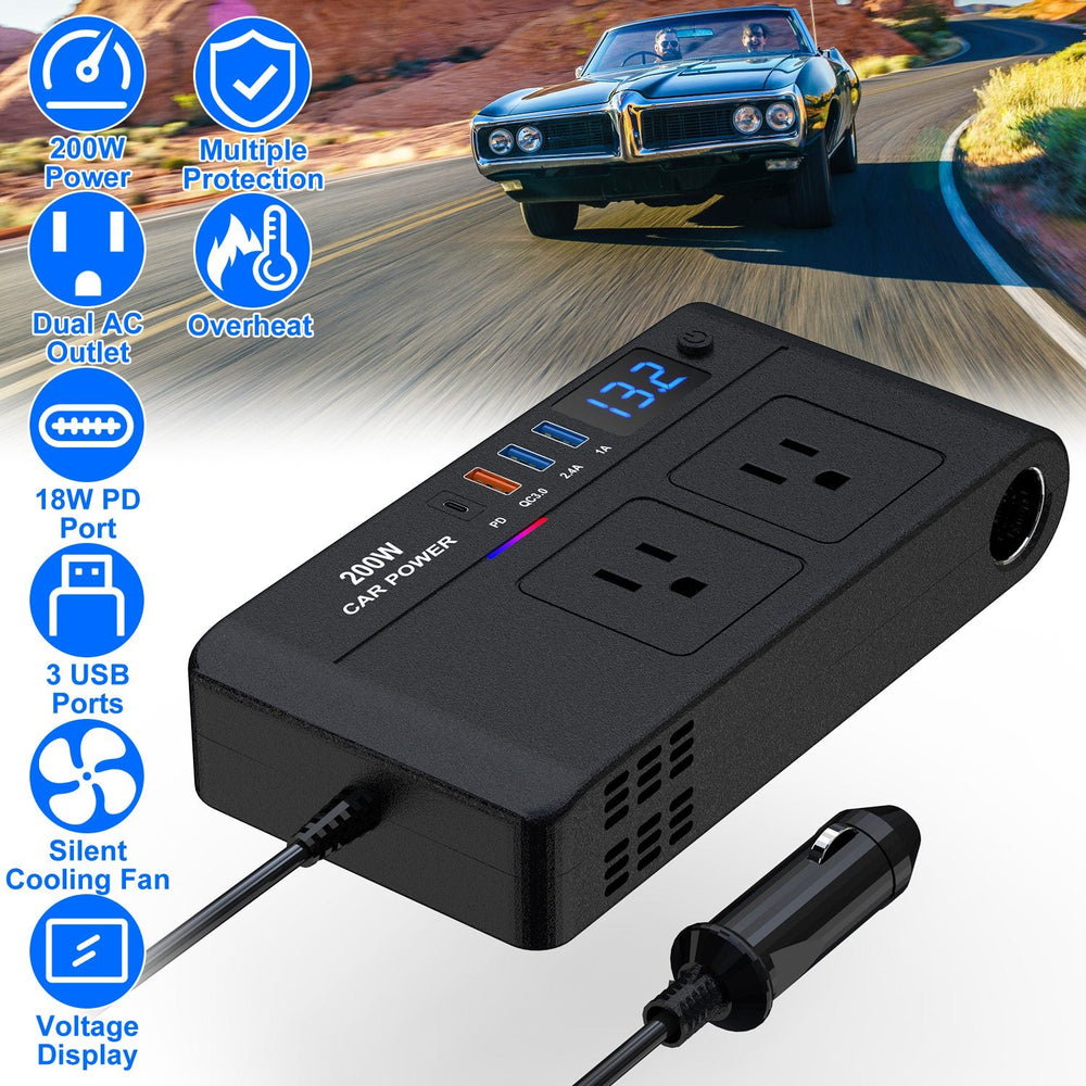 200W 12V Car Inverter DC12V to AC110V Vehicle Power Converter with 2 110V AC Outlets 1 Type-C 3 USB Ports Quick Charge Overheat Protection Voltage Dis