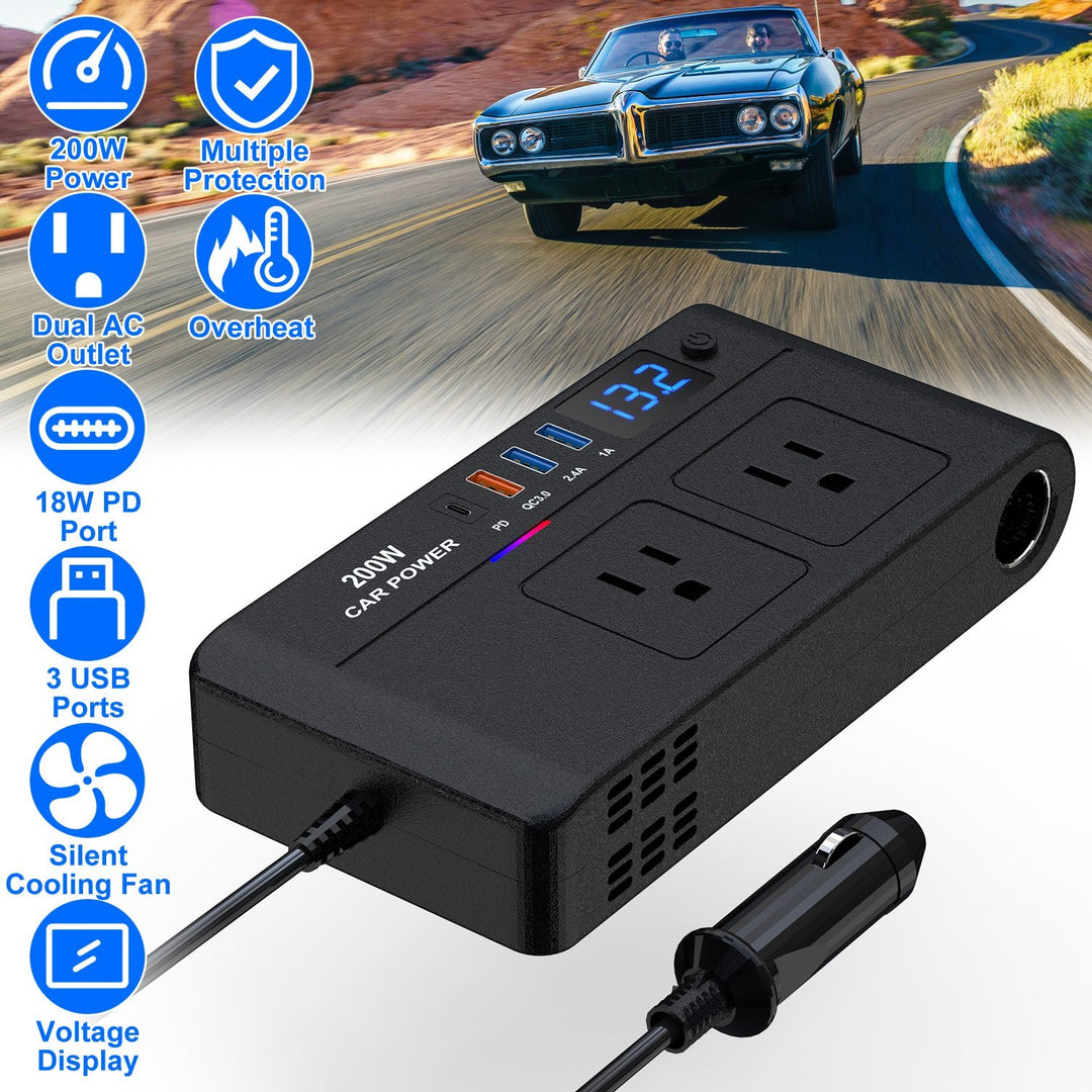 200W 12V Car Inverter DC12V to AC110V Vehicle Power Converter with 2 110V AC Outlets 1 Type-C 3 USB Ports Quick Charge Overheat Protection Voltage Dis