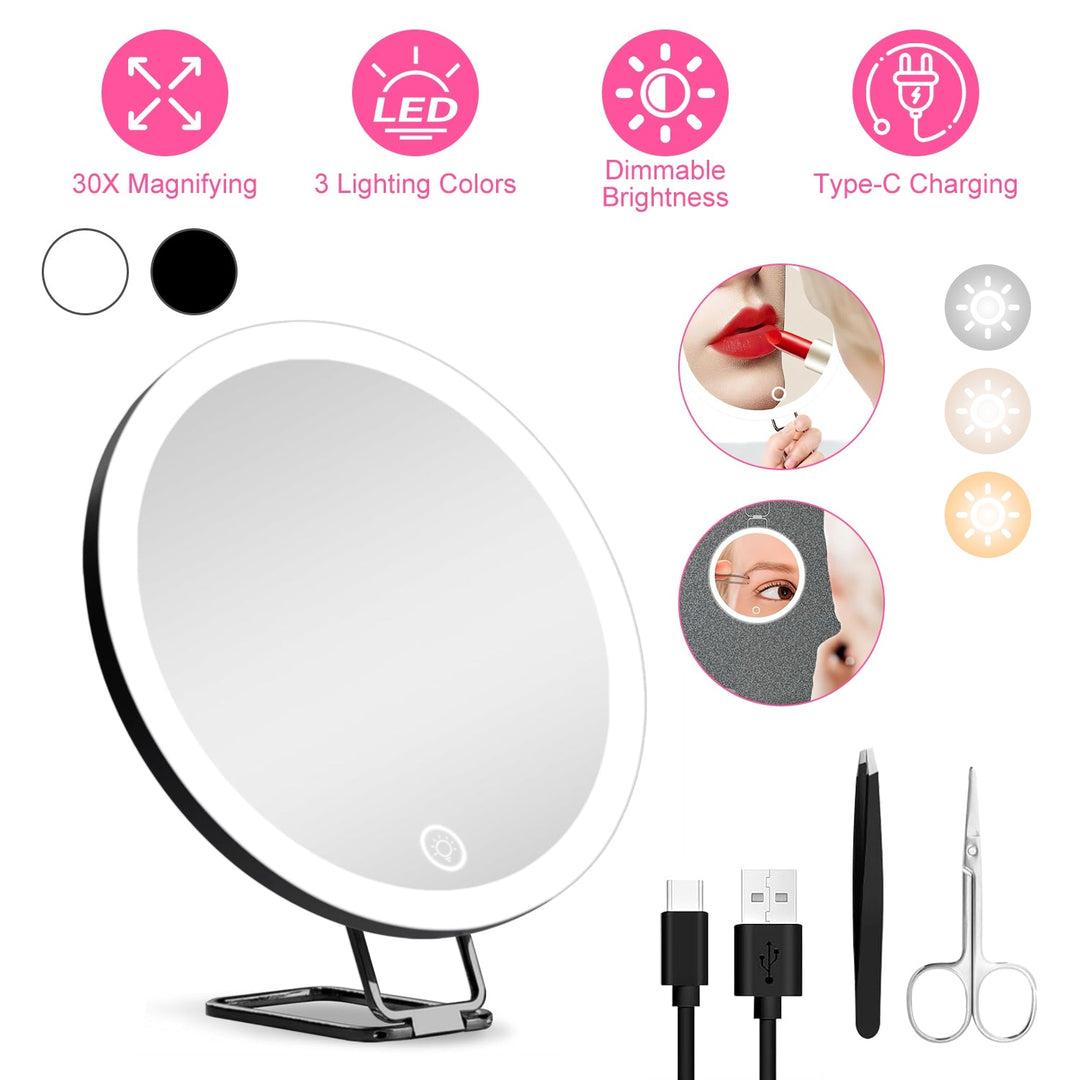30X Magnifying Mirror With Light 3 Colors Dimmable Brightness Included Tweezer Scissor _x000B__x000B_Travel Magnifying Makeup Mirror with Suction Cup 360¡ Adjusta