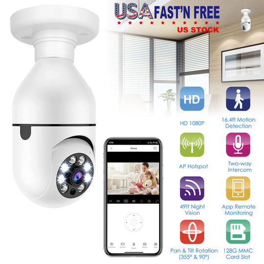 E27 WiFi Bulb Camera 1080P FHD WiFi IP Pan Tilt Security Surveillance Camera with Two-Way Audio Night Vision Motion Detection Function APP Control