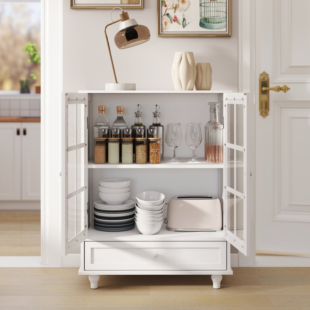 Buffet Cabinet with Glass Doors and Adjustable Shelves, Modern Storage Sideboard Cabine