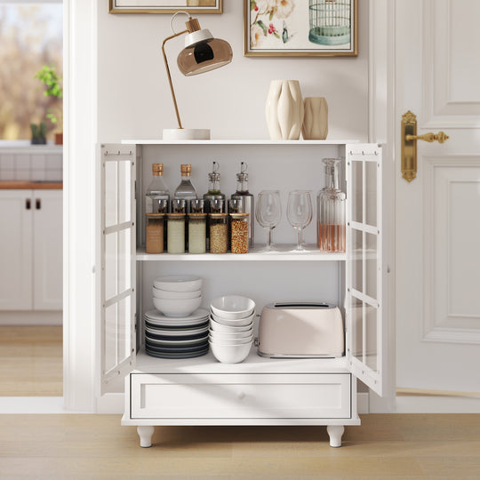 Buffet Cabinet with Glass Doors and Adjustable Shelves, Modern Storage Sideboard Cabine