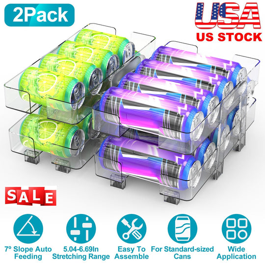 2Pack Adjustable Soda Can Organizers 2-Tier Pop Can Holders Beverage Dispensers For Fridge Pantry Cabinet 7¼ Slope Auto Rolling