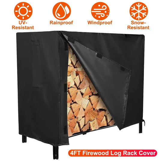 4FT Firewood Log Rack Cover Rectangular Wood Rack Cover 420D Oxford Fabric Waterproof Windproof UV Resistant Tear-resistant 48x24x42in Black