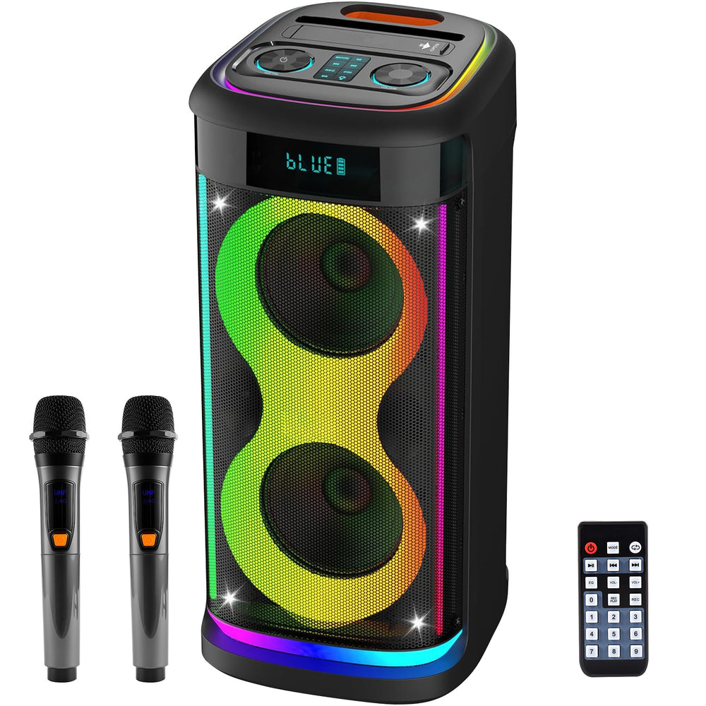 Portable Wireless Party Speaker | LED Lights, 2 Wireless Mics, Remote, TWS & Guitar Input
