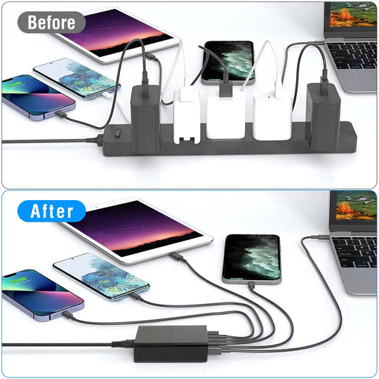 USB Fast Charger 65W 6-Port Fast Charging Station Type-C Wall Charger PD Adapter with 2 Type-C Ports 4 USB-A Ports Fit for IOS Phone 13/ iPad/ Galaxy/