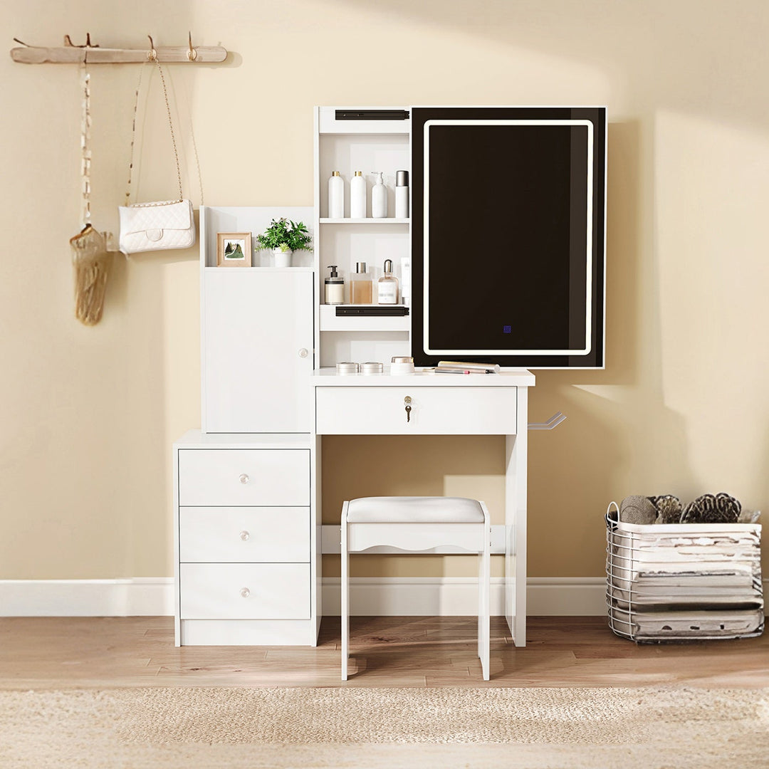 White Vanity Desk Set with LED Lighted Mirror & Padded Stool