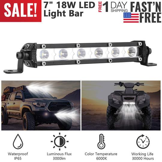 7" LED Light Bar Single Row Offroad Spot Lights 18W Ultra Slim Straight Work Light for Trailer Truck Bus Boat