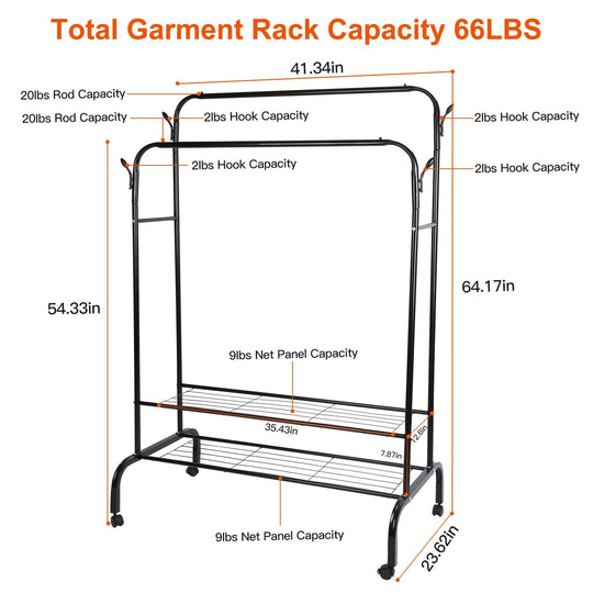 Garment Hanging Rack Clothing Hanging Rail Pillow Shoe Display Organizer Clothes Organizer Stand with 2 Rails 2 Shelves 4 Rolling Wheels 4 Hooks