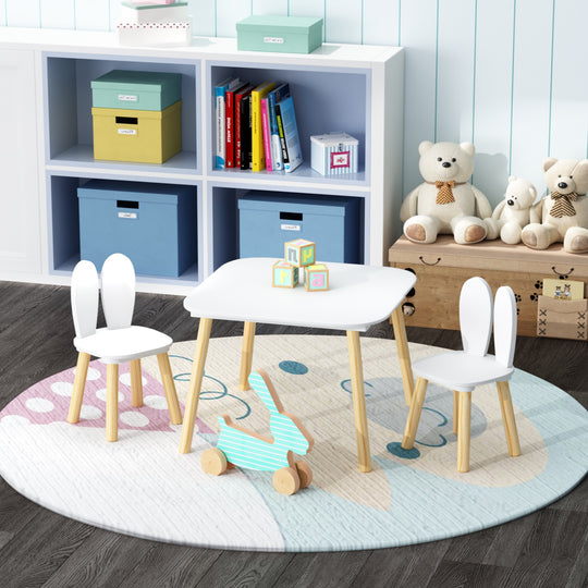 3-Piece Kids Wooden Table and Chair Set, Rabbit Ear Themed Toddler Activity Play Table with 2 Chairs, Solid Wood & MDF C