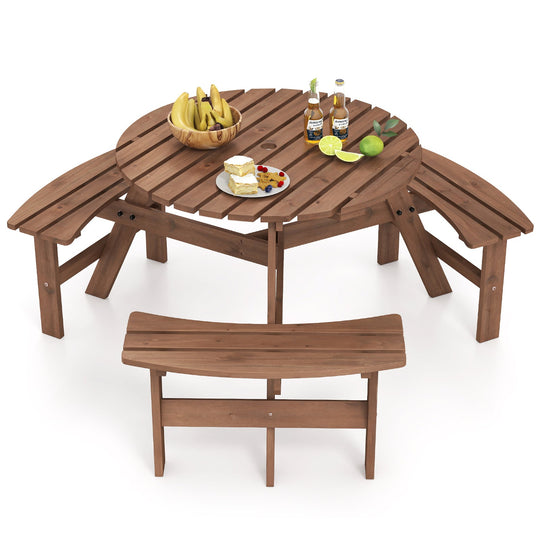 6-Person Round Picnic Table Set with 3 Built-in Benches and Umbrella Hole