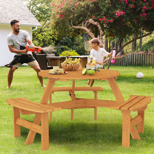 6-Person Round Picnic Table Set with 3 Built-in Benches and Umbrella Hole