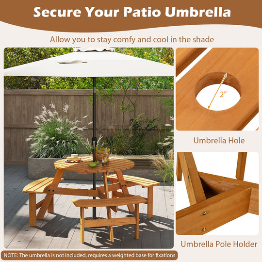 6-Person Round Picnic Table Set with 3 Built-in Benches and Umbrella Hole