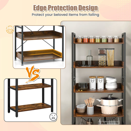 6-Tier Tall Industrial Bookcase with Open Shelves and 4 Hooks-Brown