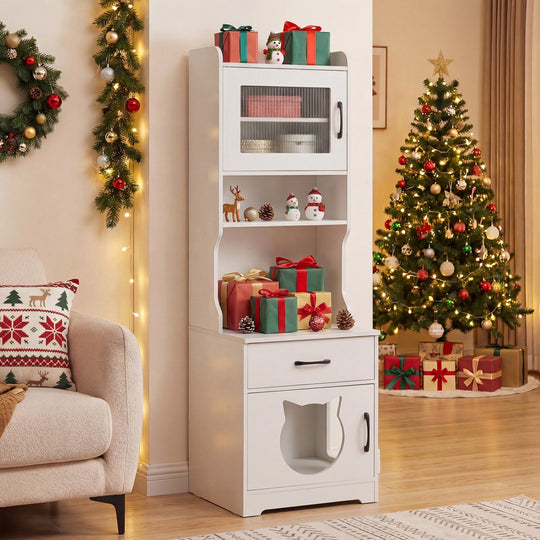 Cat Litter Box Enclosure with LED Light & Charging Station