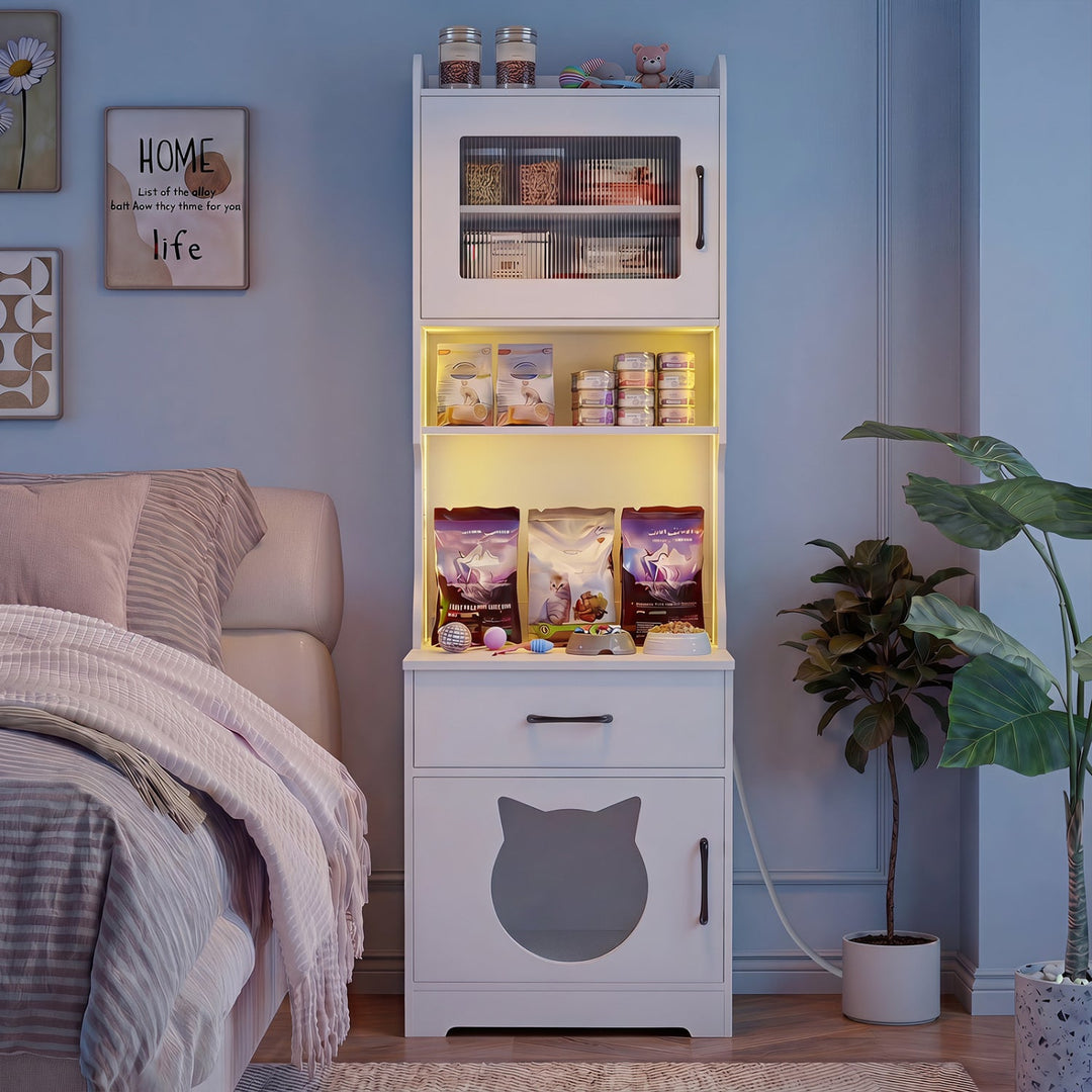 Cat Litter Box Enclosure with LED Light & Charging Station