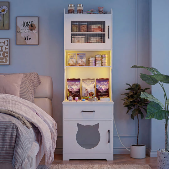 Cat Litter Box Enclosure with LED Light & Charging Station